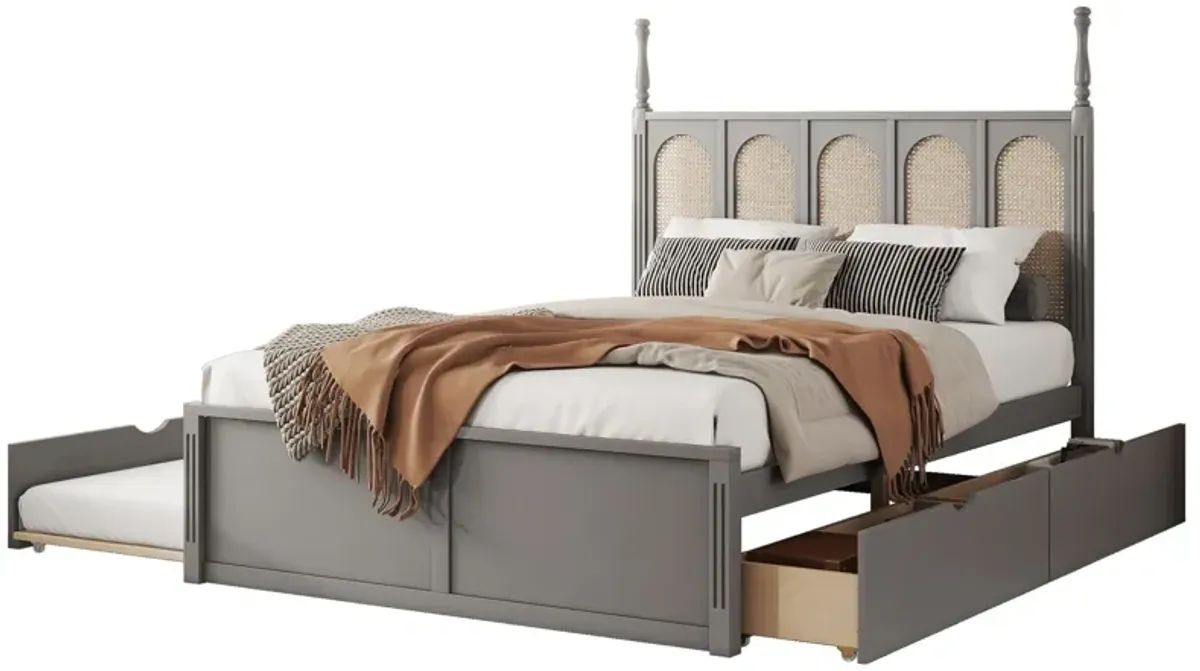 Rattan Platform Bed With With 2 Big Drawers With Trundle