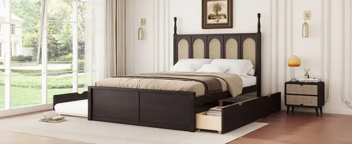 Rattan Platform Bed With With 2 Big Drawers With Trundle