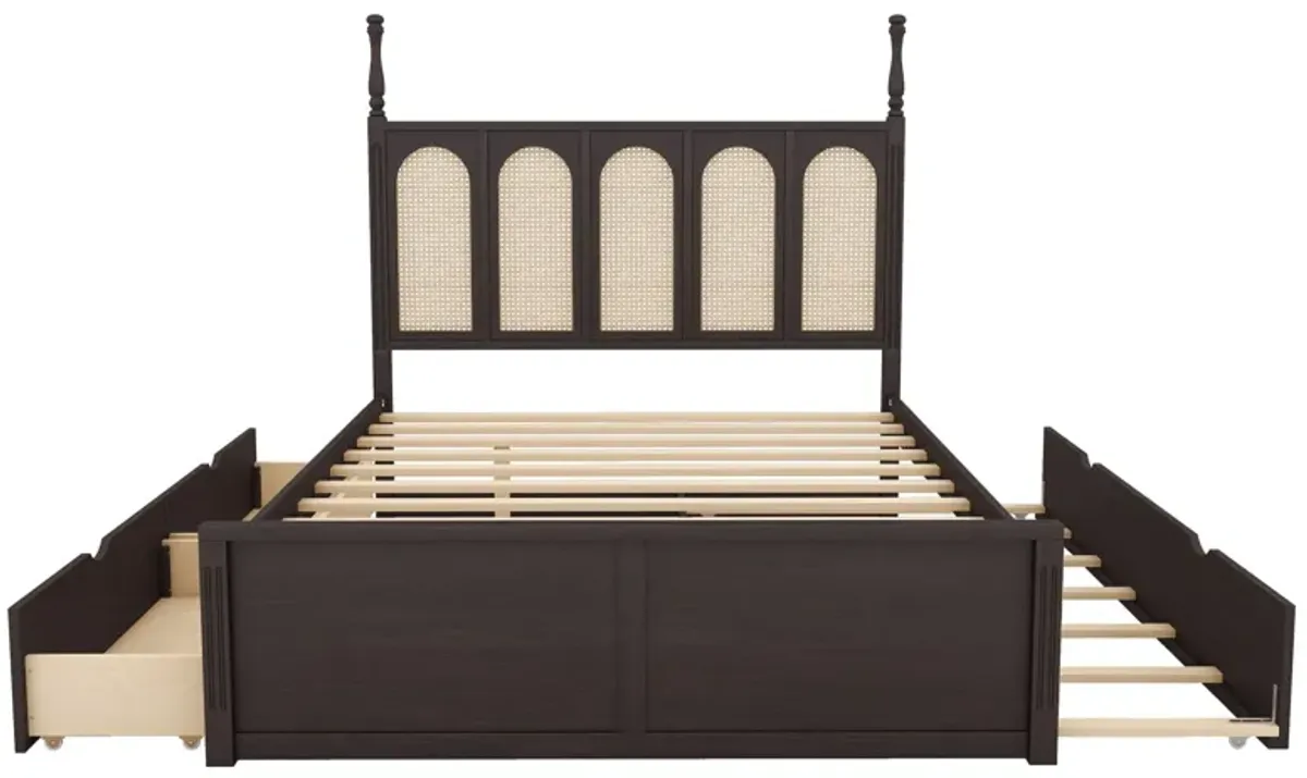 Rattan Platform Bed With With 2 Big Drawers With Trundle