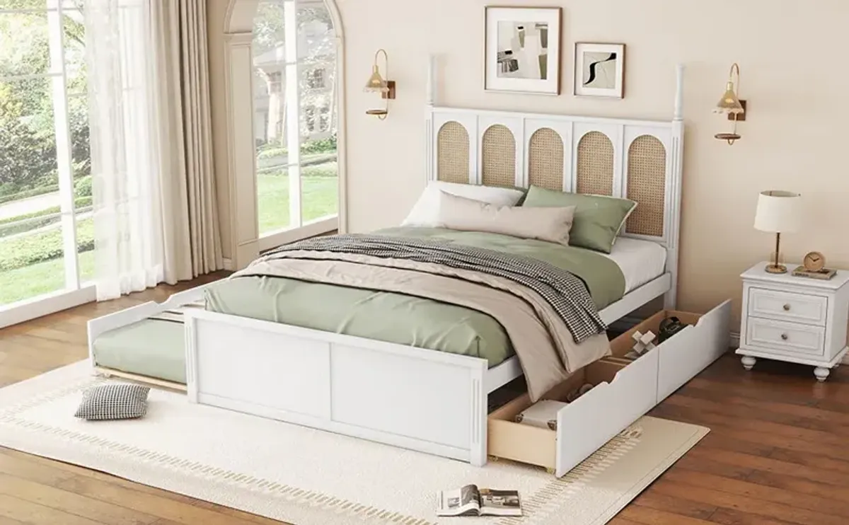 Rattan Platform Bed With With 2 Big Drawers With Trundle