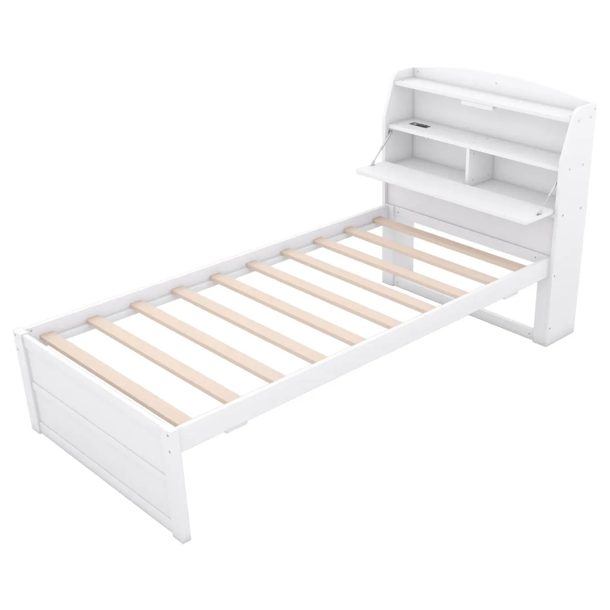 Wooden LED Platform Bed With Trundle, With Storage Headboard, With Drawers