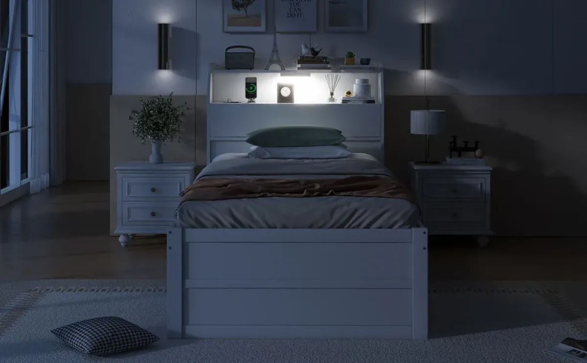 Wooden LED Platform Bed With Trundle, With Storage Headboard, With Drawers