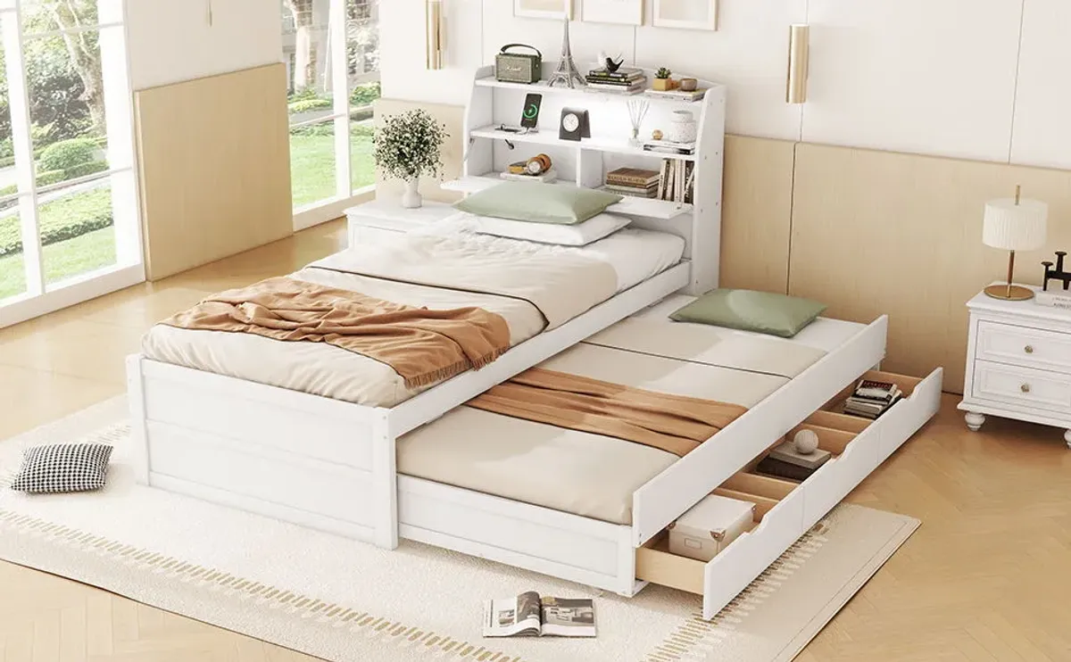 Wooden LED Platform Bed With Trundle, With Storage Headboard, With Drawers