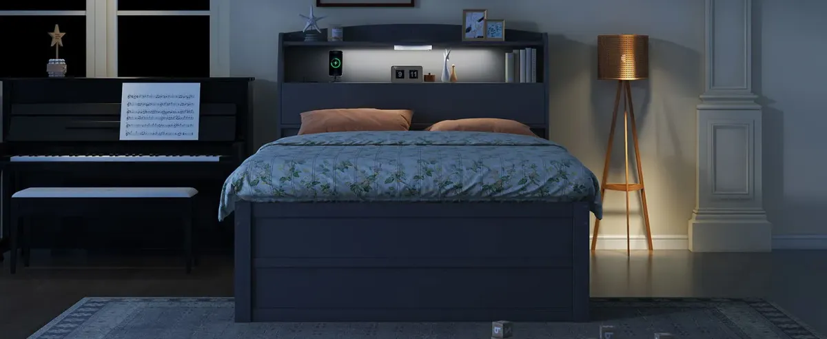 Wooden LED Platform Bed With Trundle, With Storage Headboard, With Drawers