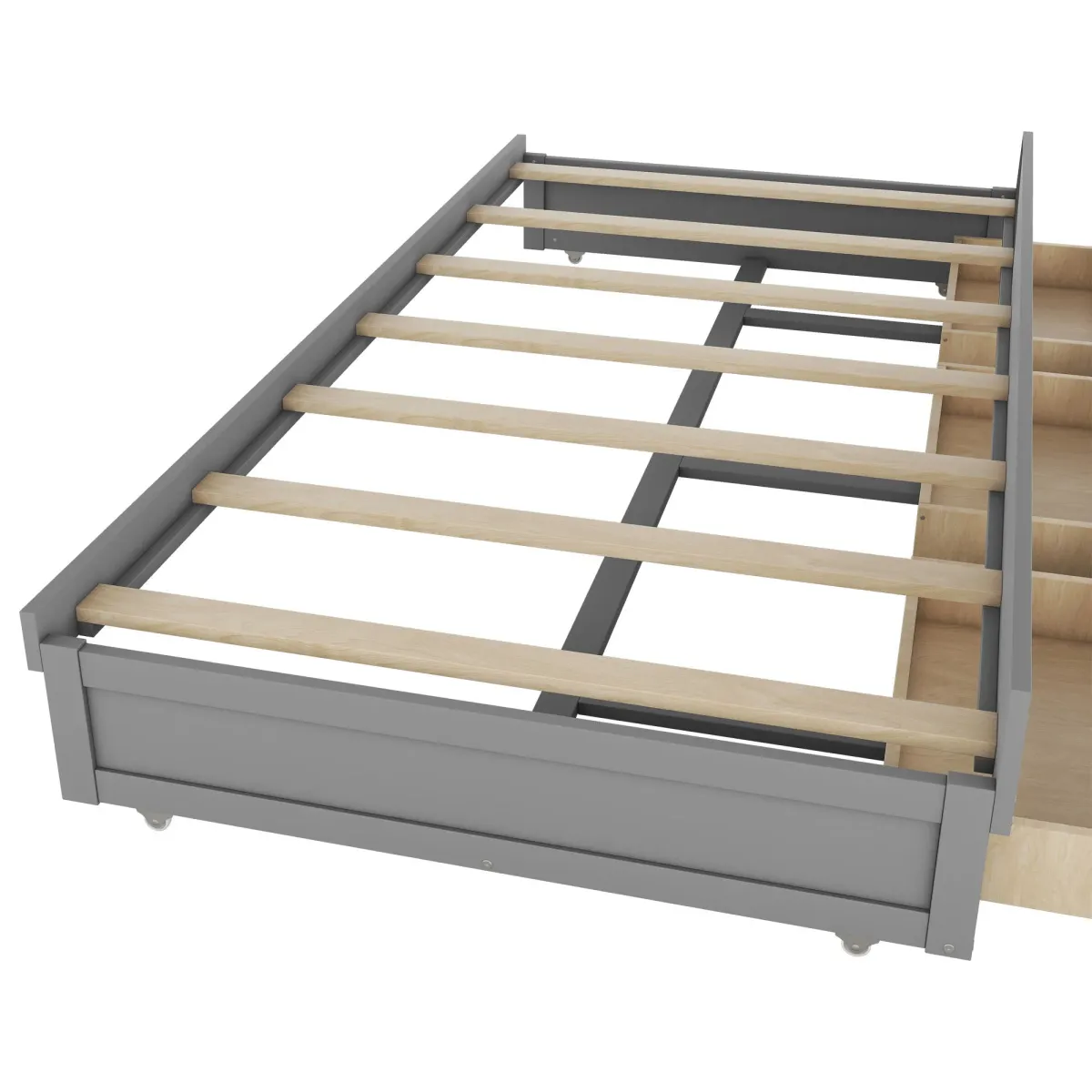 Wooden LED Platform Bed With Trundle, With Storage Headboard, With Drawers