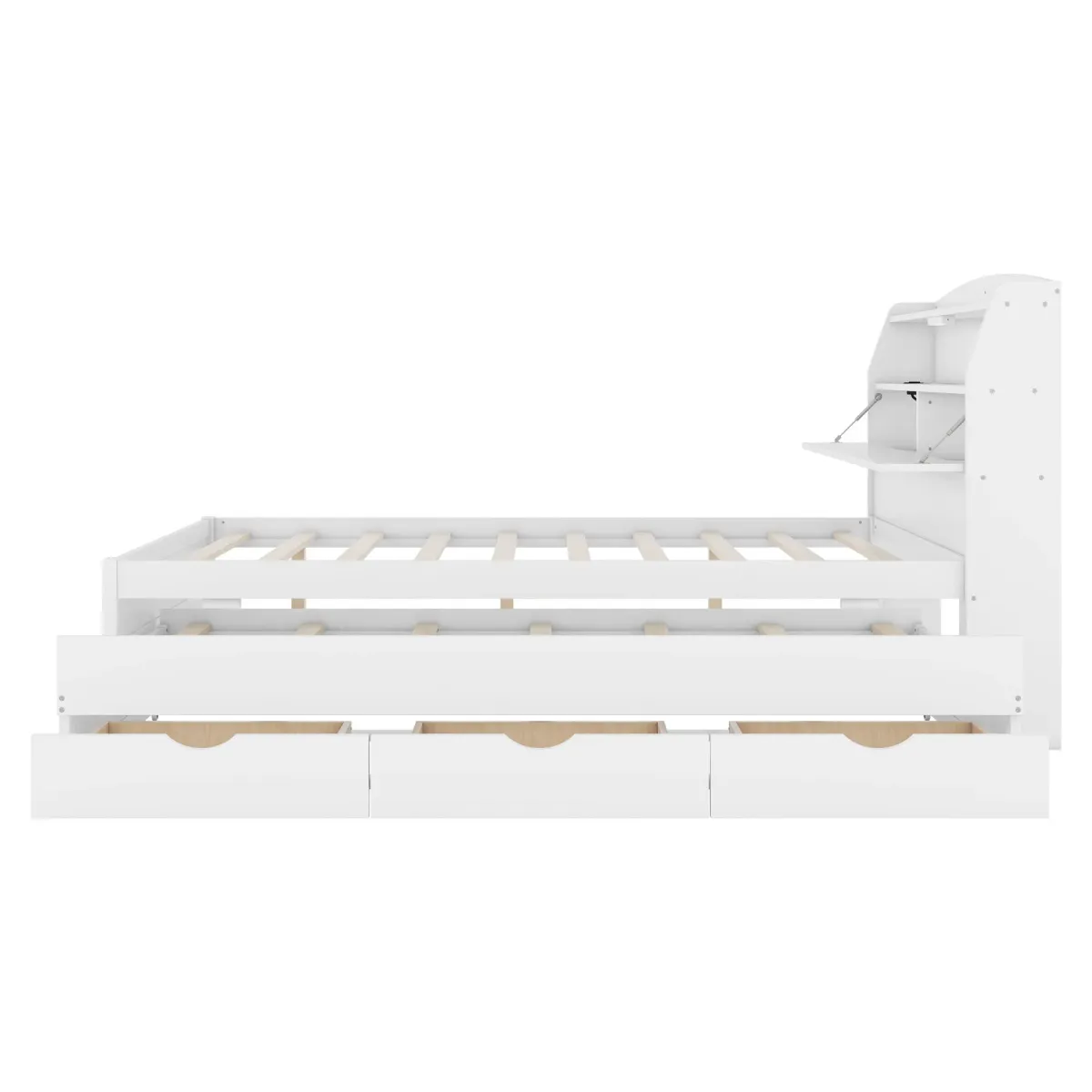 Wooden LED Platform Bed With Trundle, With Storage Headboard, With Drawers