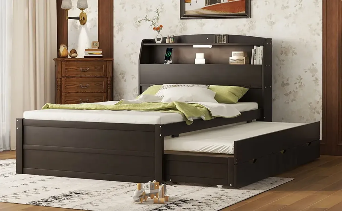 Wooden LED Platform Bed With Trundle, With Storage Headboard, With Drawers