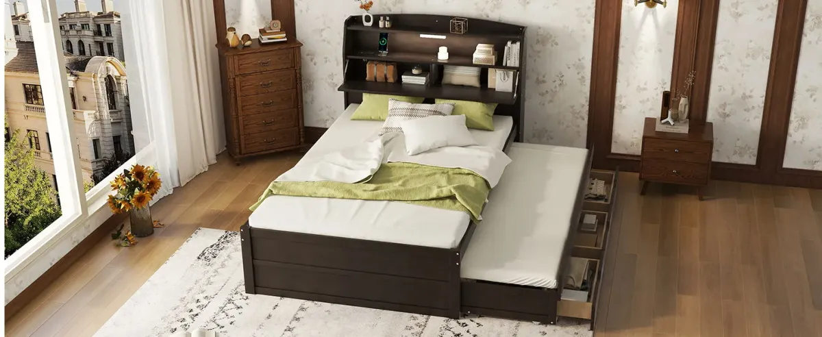 Wooden LED Platform Bed With Trundle, With Storage Headboard, With Drawers