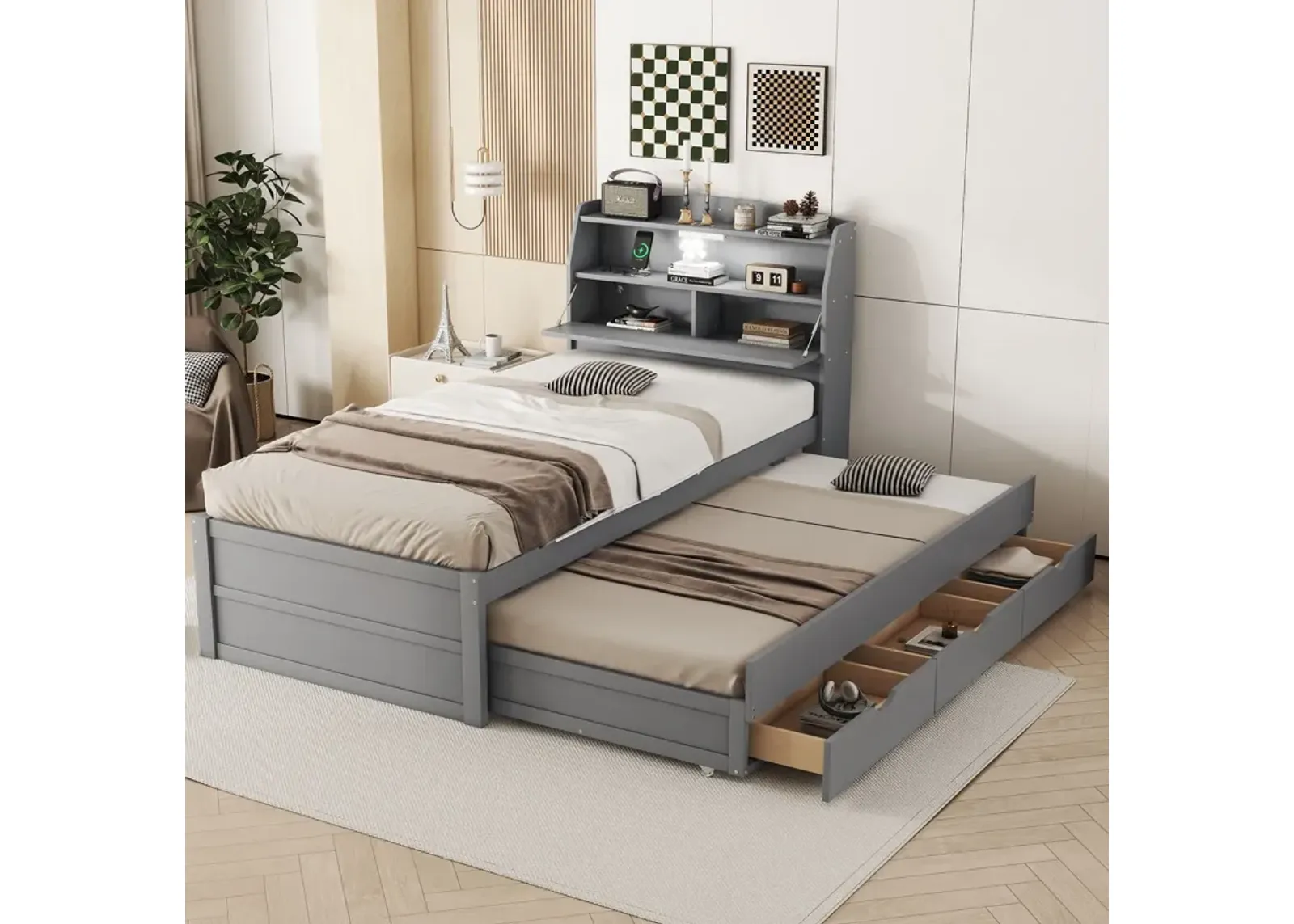 Wooden LED Platform Bed With Trundle, With Storage Headboard, With Drawers