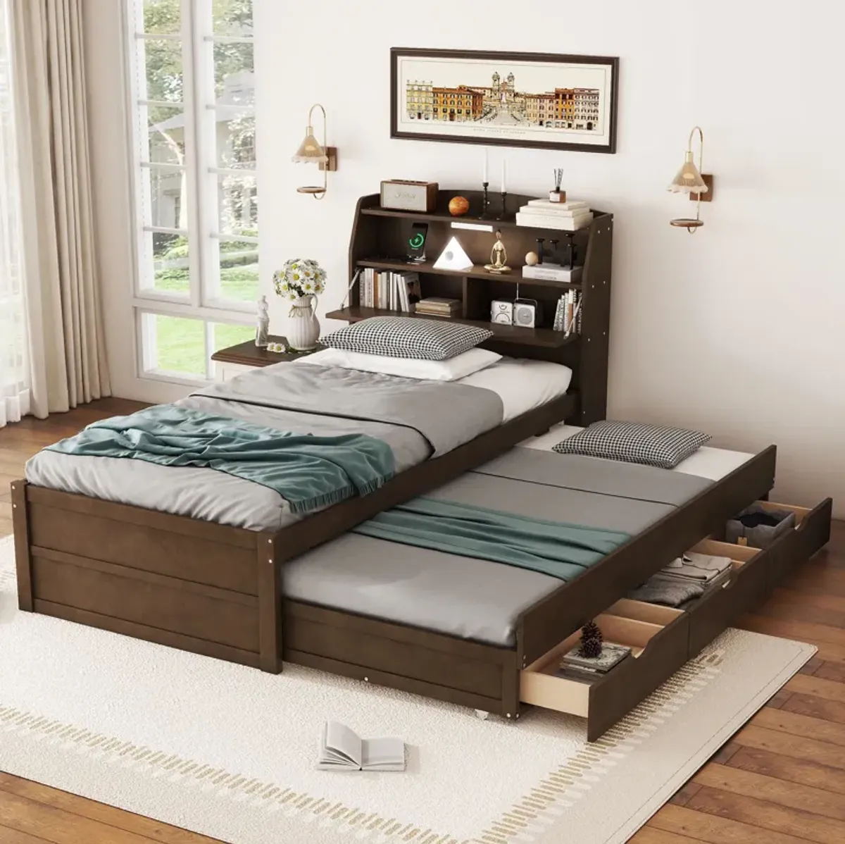 Wooden LED Platform Bed With Trundle, With Storage Headboard, With Drawers