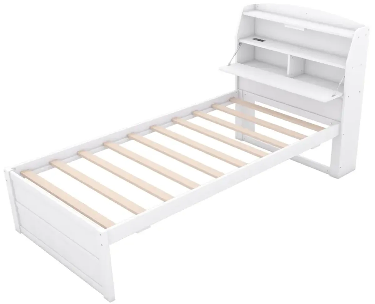 Wooden LED Platform Bed With Trundle, With Storage Headboard, With Drawers