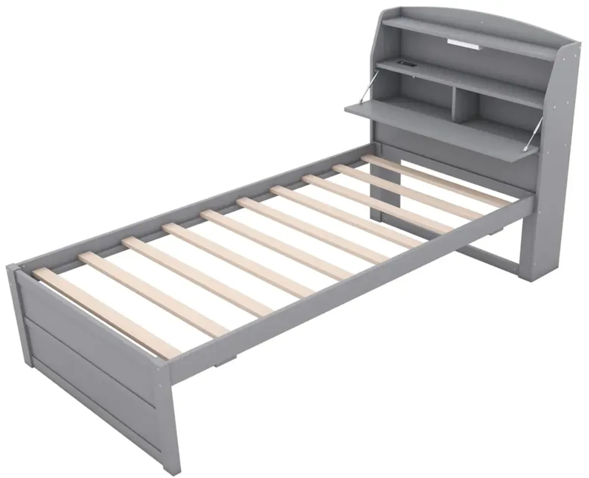 Wooden LED Platform Bed With Trundle, With Storage Headboard, With Drawers