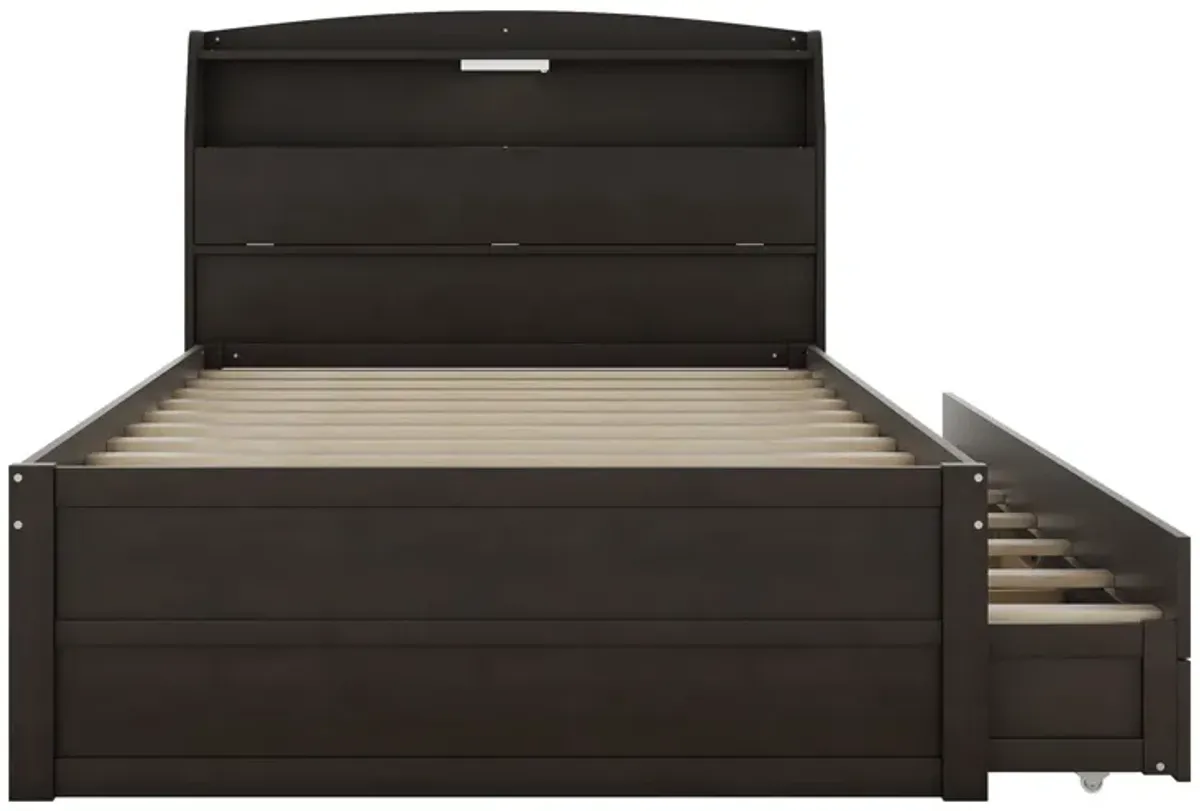 Wooden LED Platform Bed With Trundle, With Storage Headboard, With Drawers