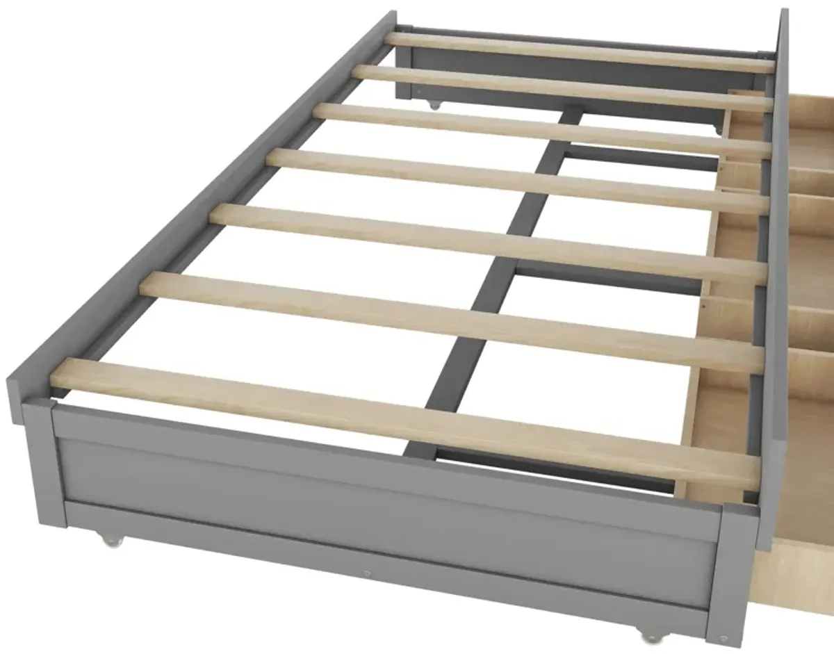 Wooden LED Platform Bed With Trundle, With Storage Headboard, With Drawers