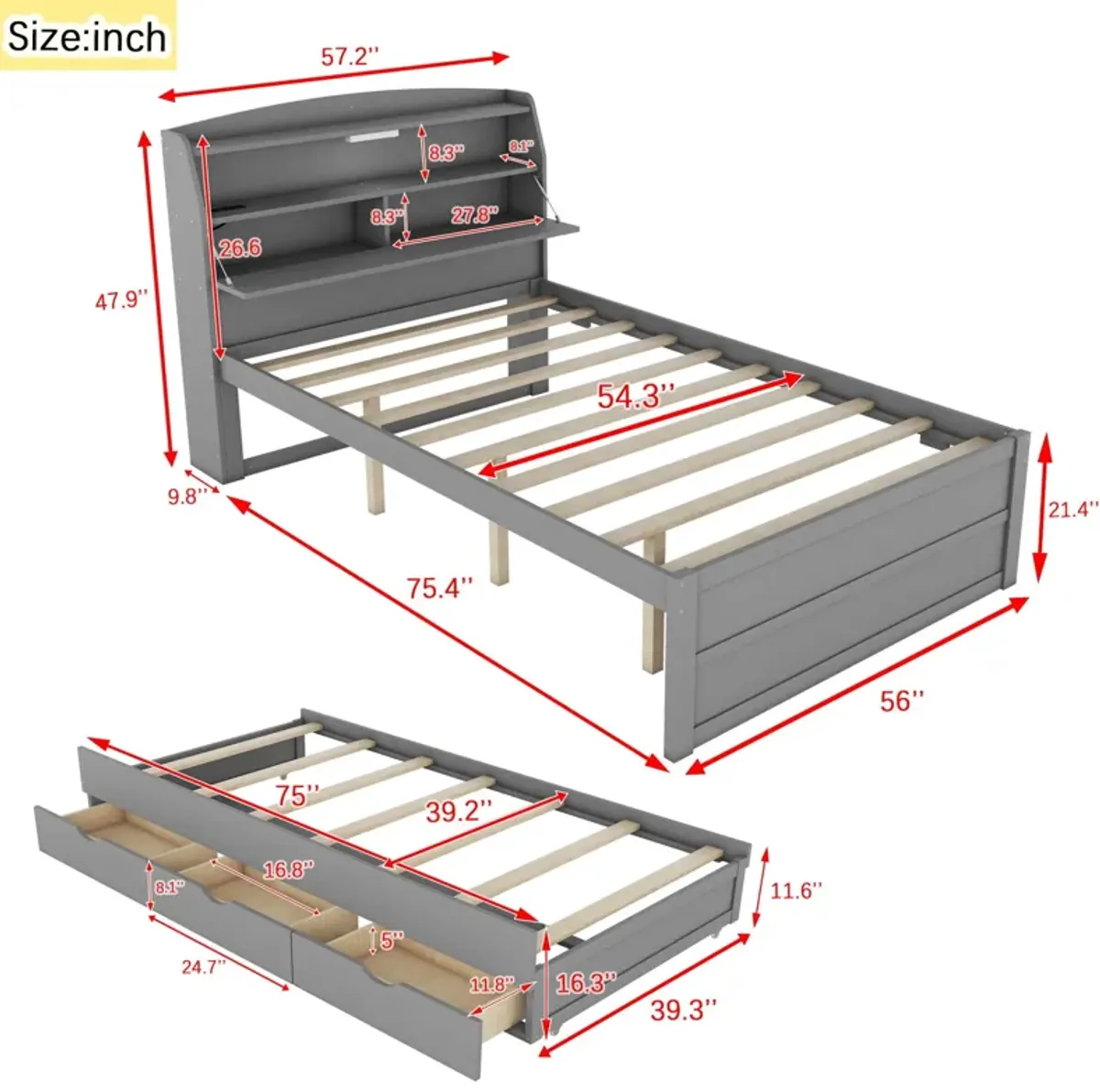 Wooden LED Platform Bed With Trundle, With Storage Headboard, With Drawers