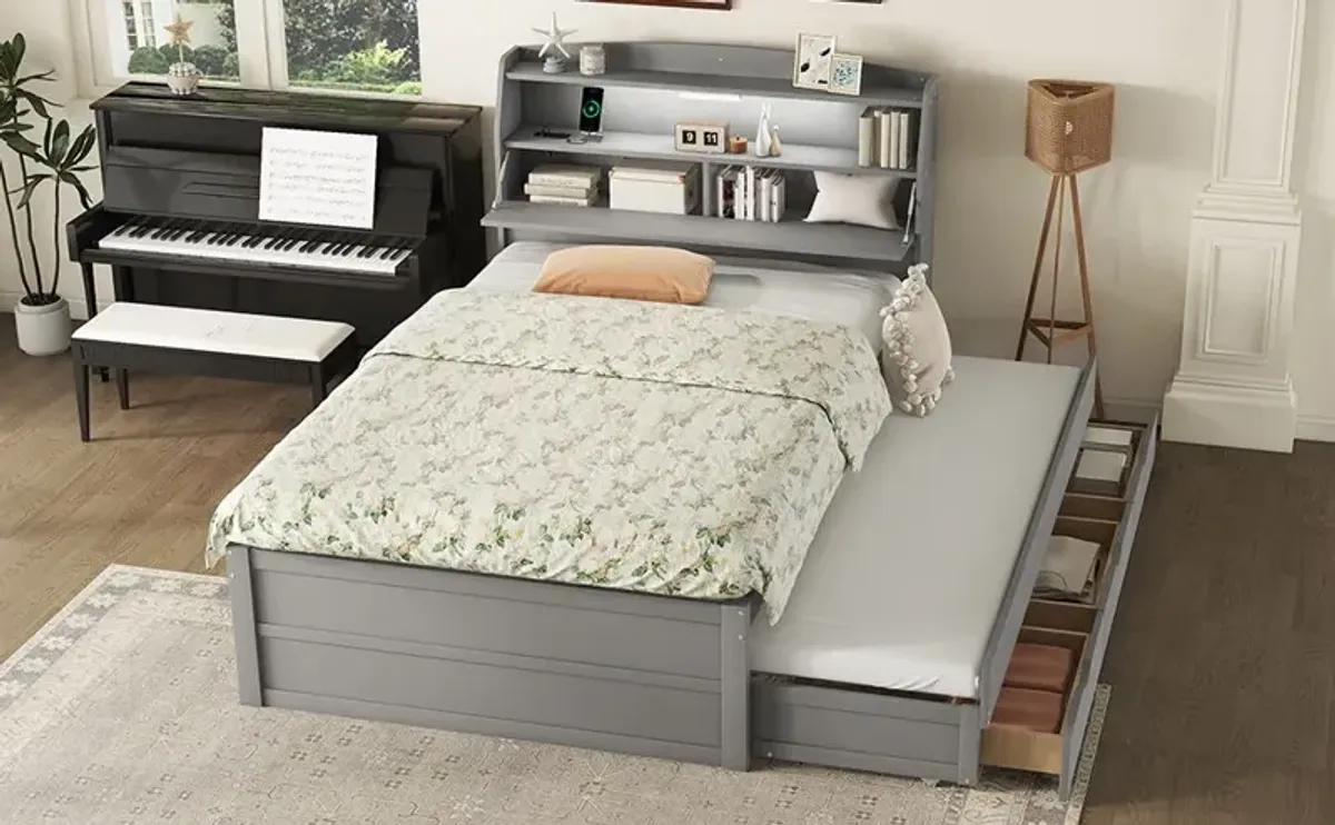 Wooden LED Platform Bed With Trundle, With Storage Headboard, With Drawers