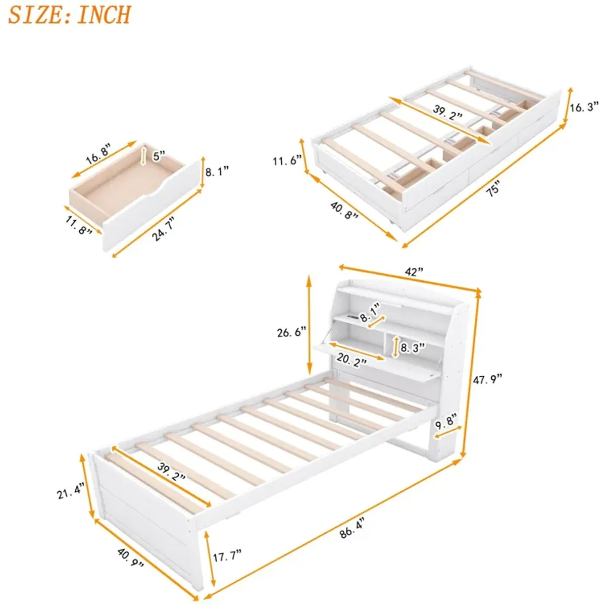 Wooden LED Platform Bed With Trundle, With Storage Headboard, With Drawers