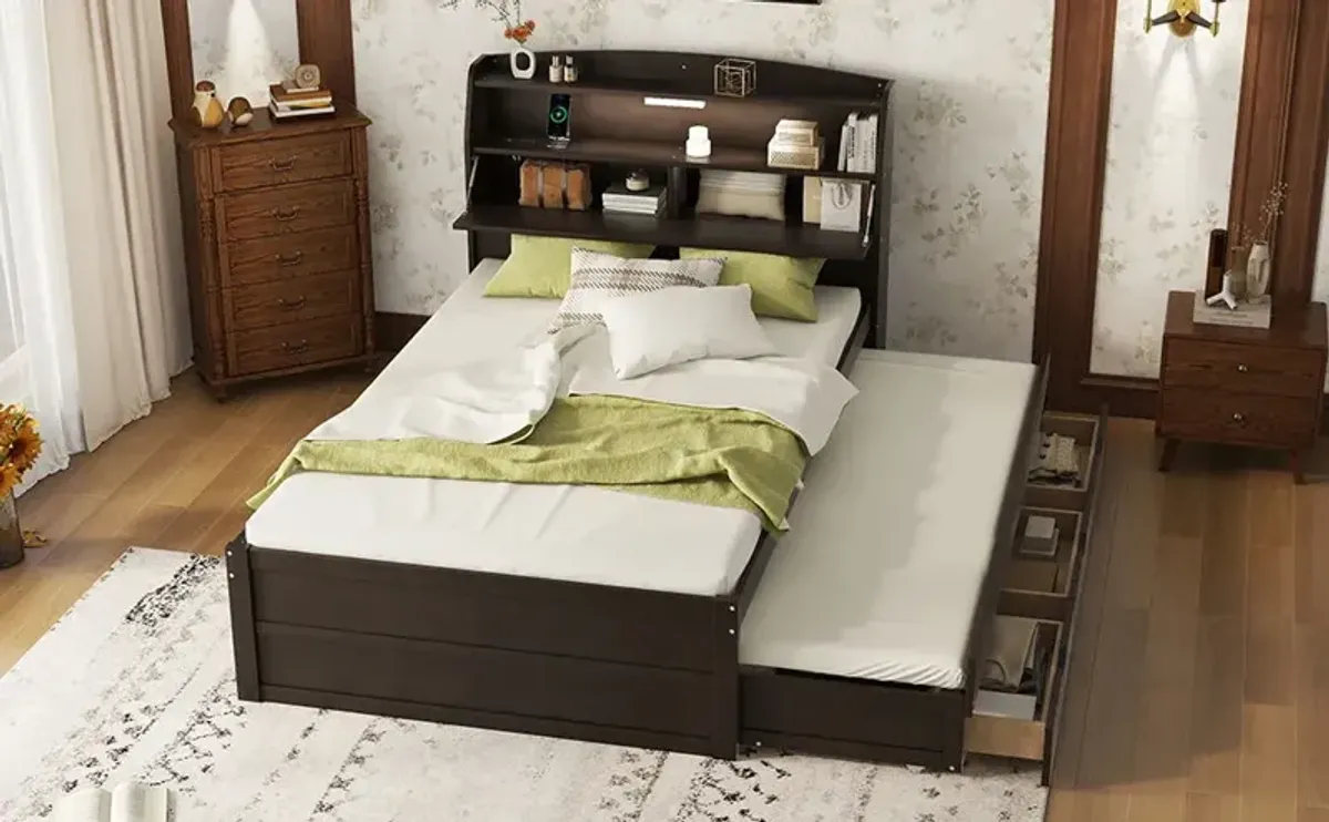 Wooden LED Platform Bed With Trundle, With Storage Headboard, With Drawers