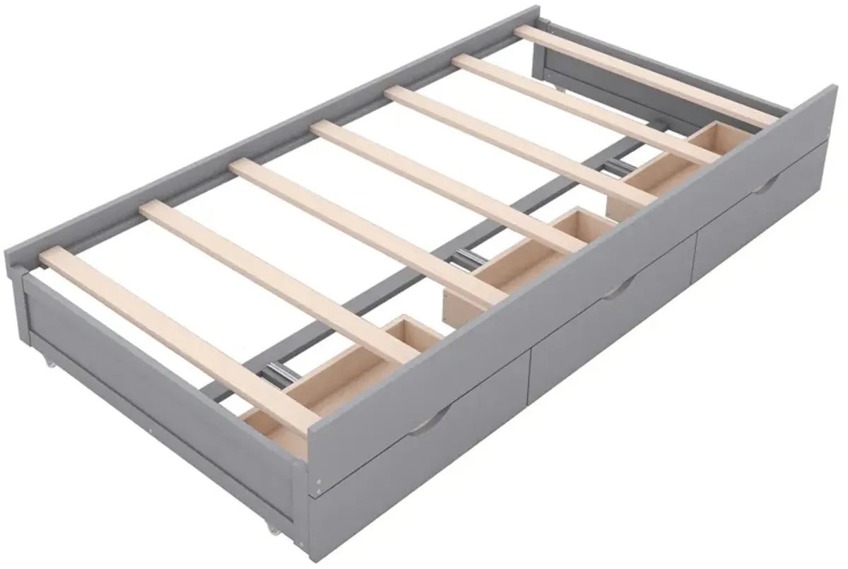 Wooden LED Platform Bed With Trundle, With Storage Headboard, With Drawers