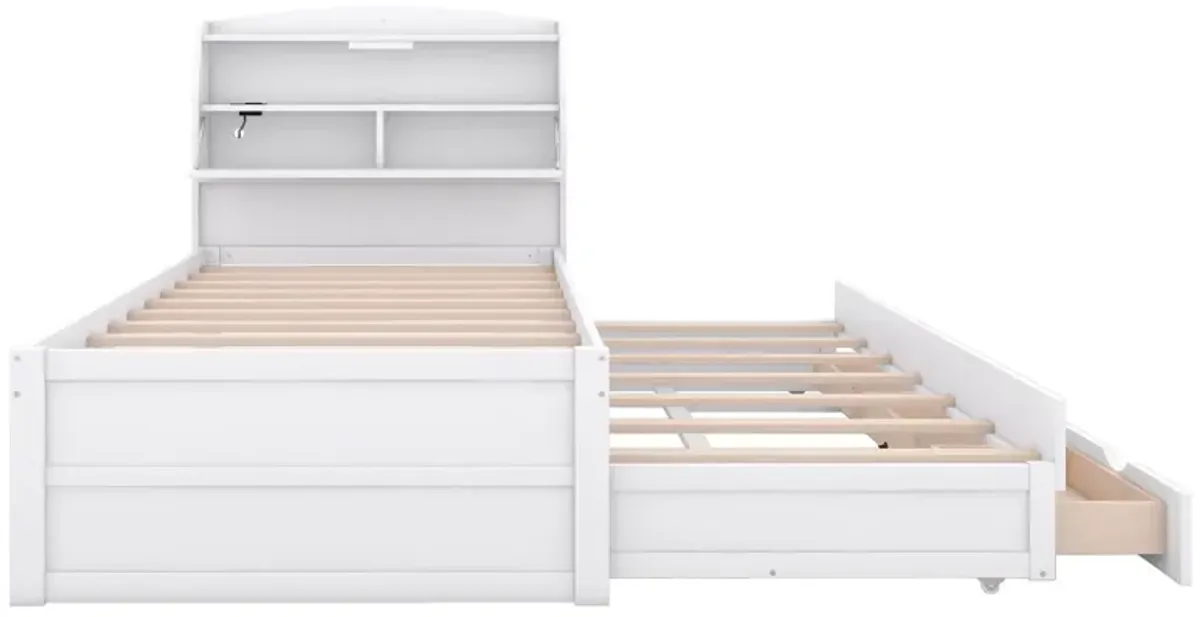 Wooden LED Platform Bed With Trundle, With Storage Headboard, With Drawers