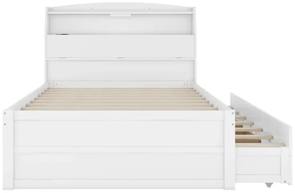 Wooden LED Platform Bed With Trundle, With Storage Headboard, With Drawers