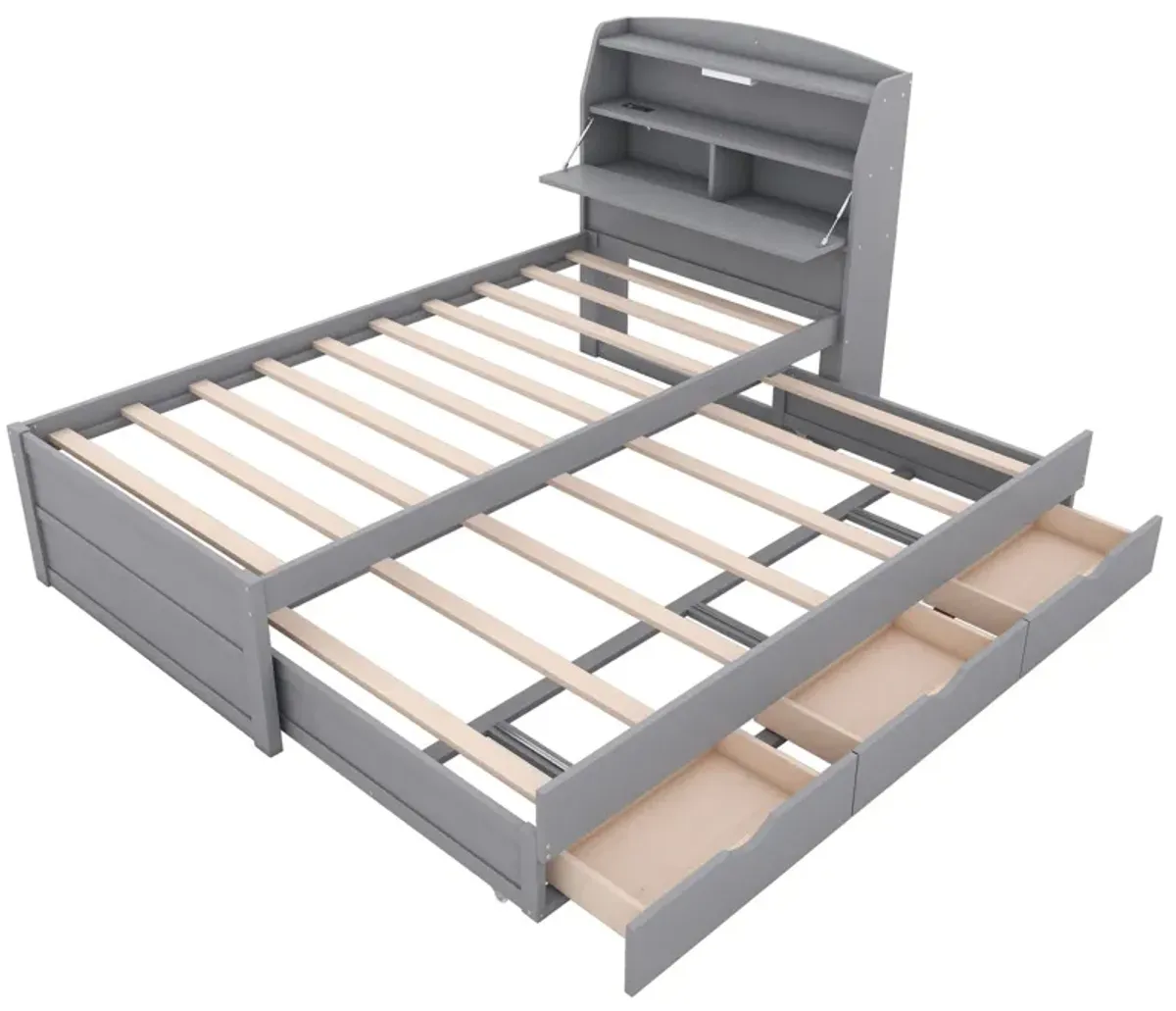 Wooden LED Platform Bed With Trundle, With Storage Headboard, With Drawers