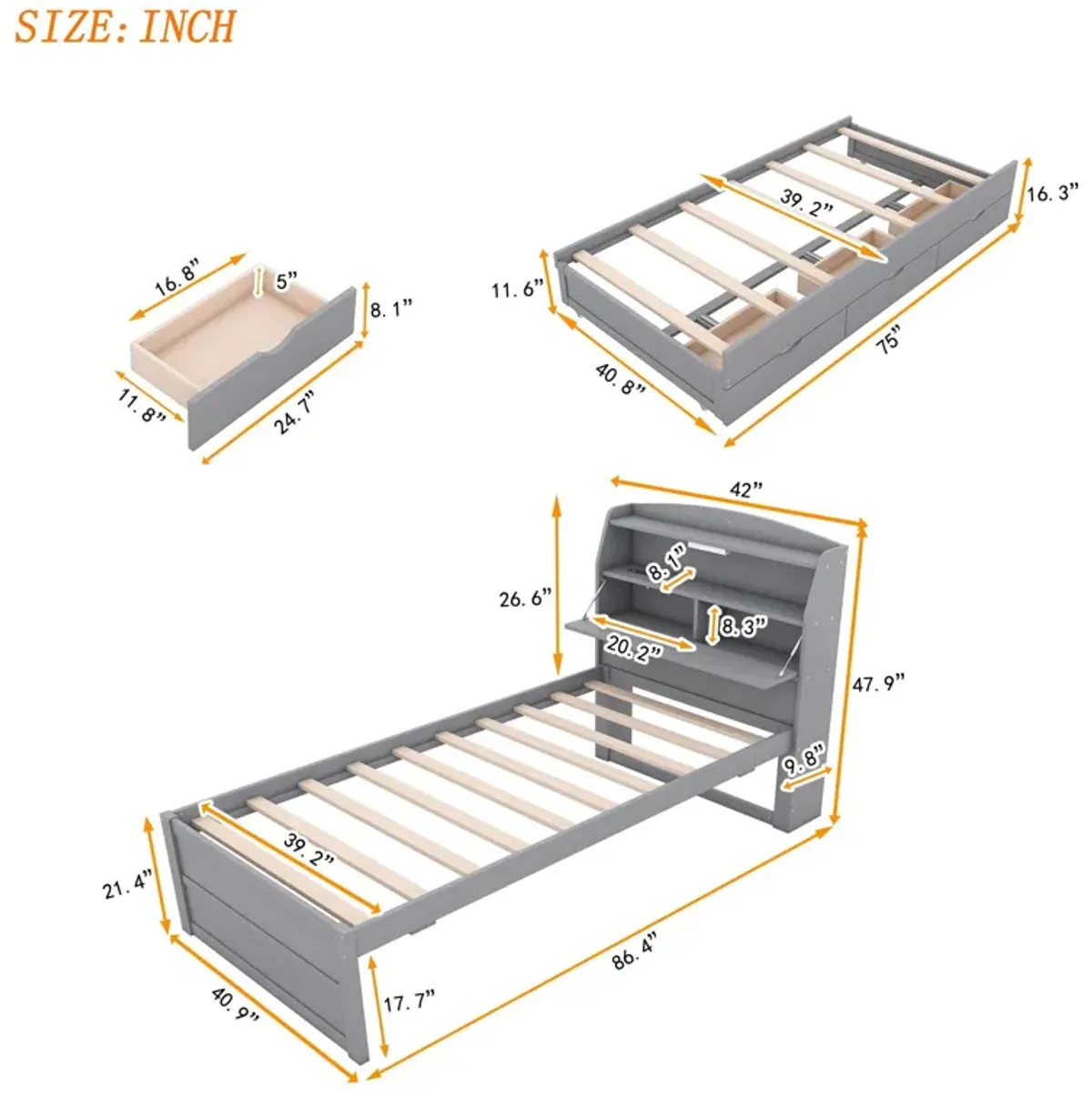 Wooden LED Platform Bed With Trundle, With Storage Headboard, With Drawers