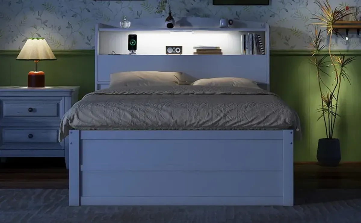 Wooden LED Platform Bed With Trundle, With Storage Headboard, With Drawers