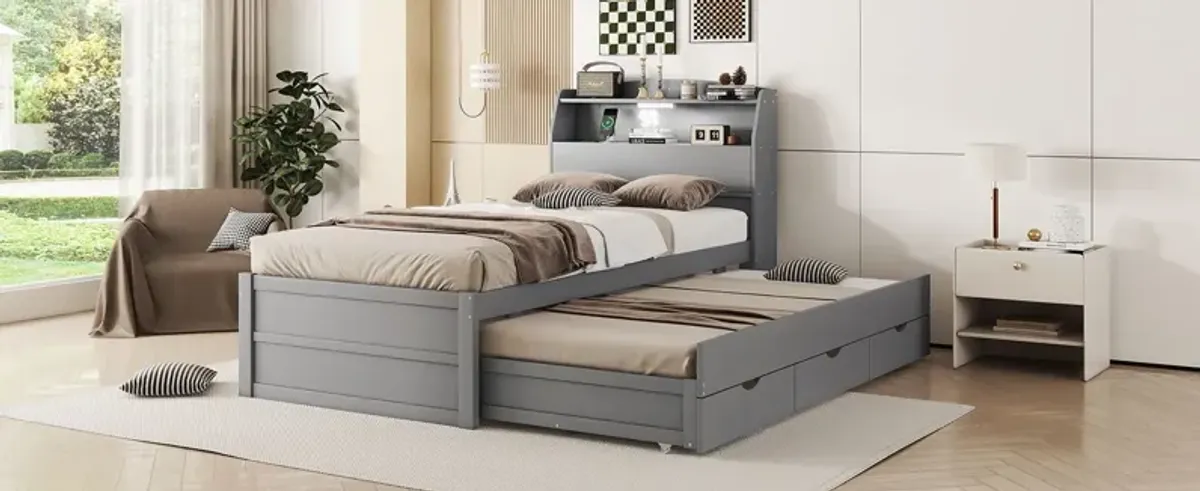 Wooden LED Platform Bed With Trundle, With Storage Headboard, With Drawers