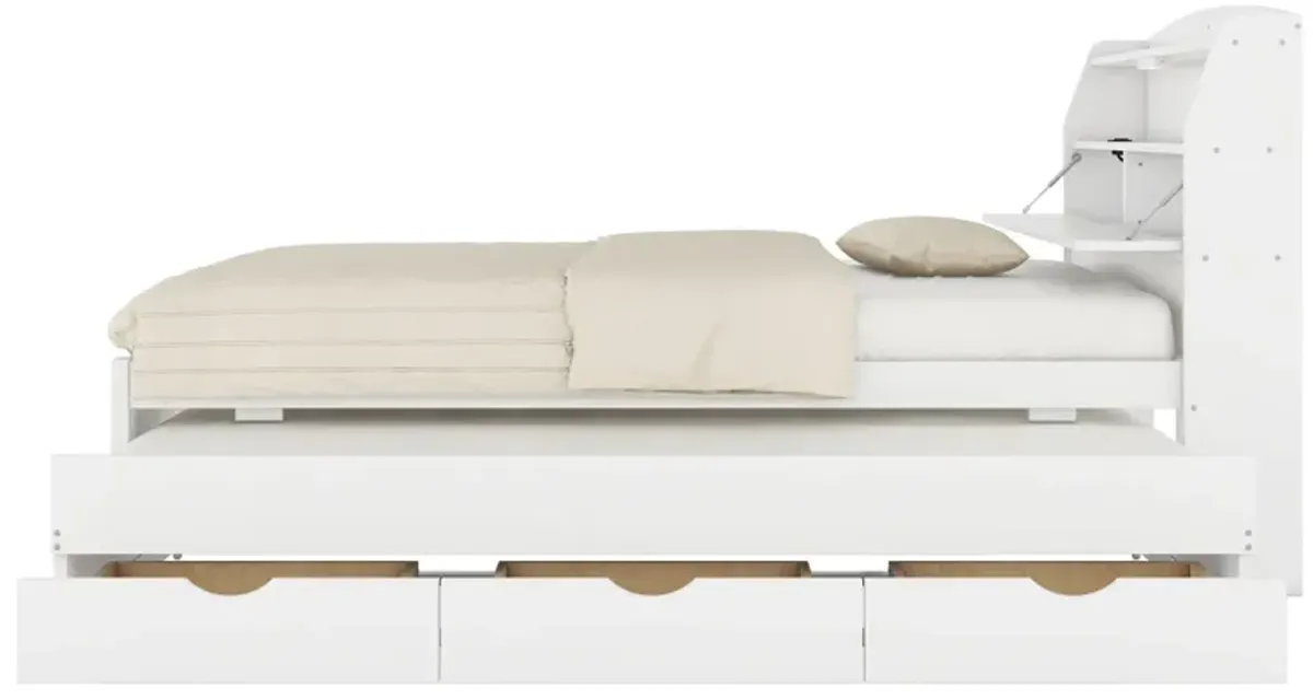 Wooden LED Platform Bed With Trundle, With Storage Headboard, With Drawers