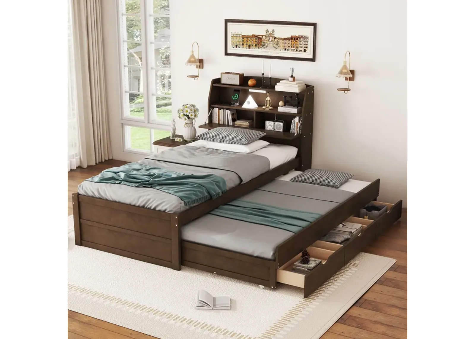 Wooden LED Platform Bed With Trundle, With Storage Headboard, With Drawers