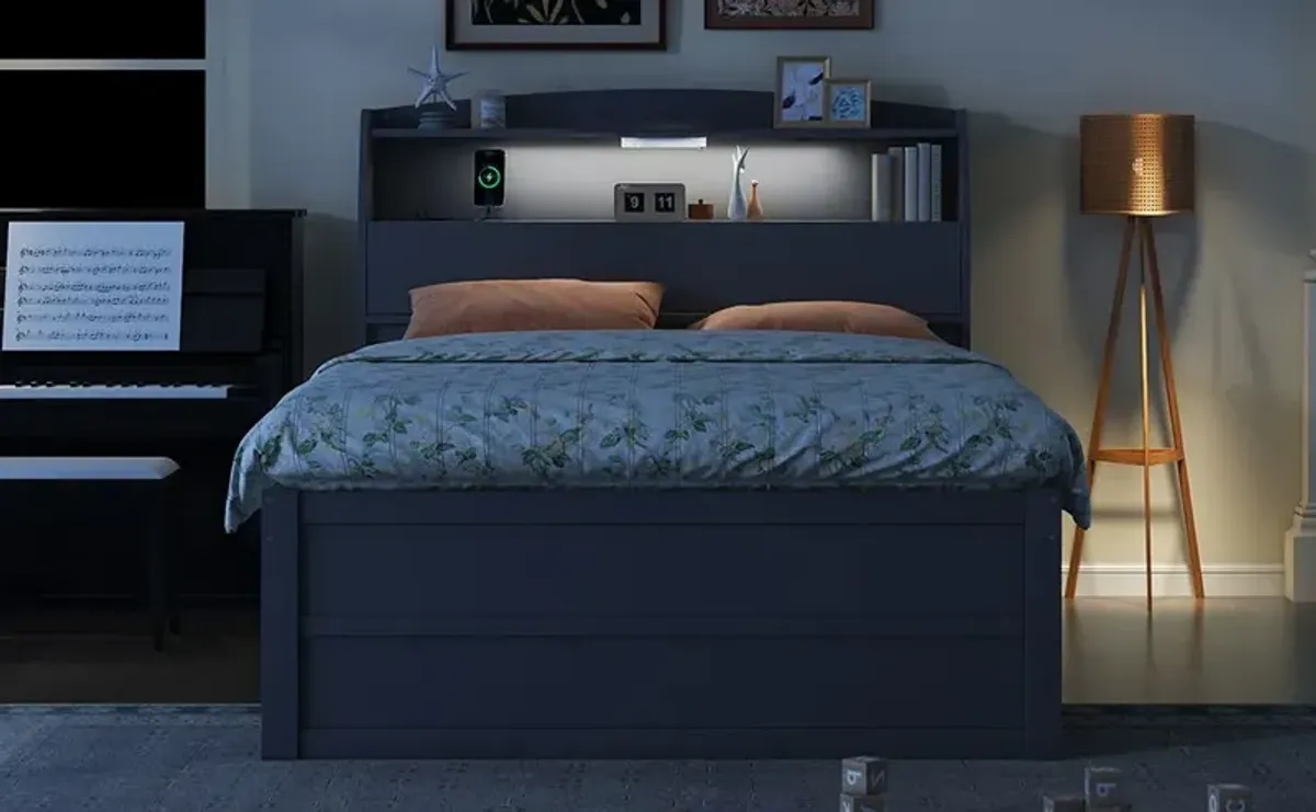 Wooden LED Platform Bed With Trundle, With Storage Headboard, With Drawers