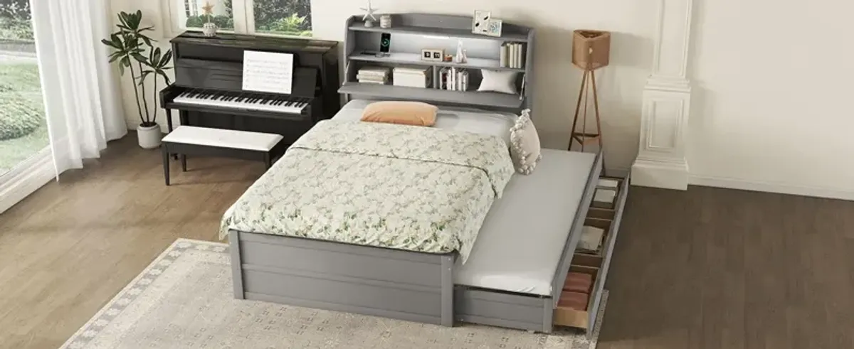 Wooden LED Platform Bed With Trundle, With Storage Headboard, With Drawers