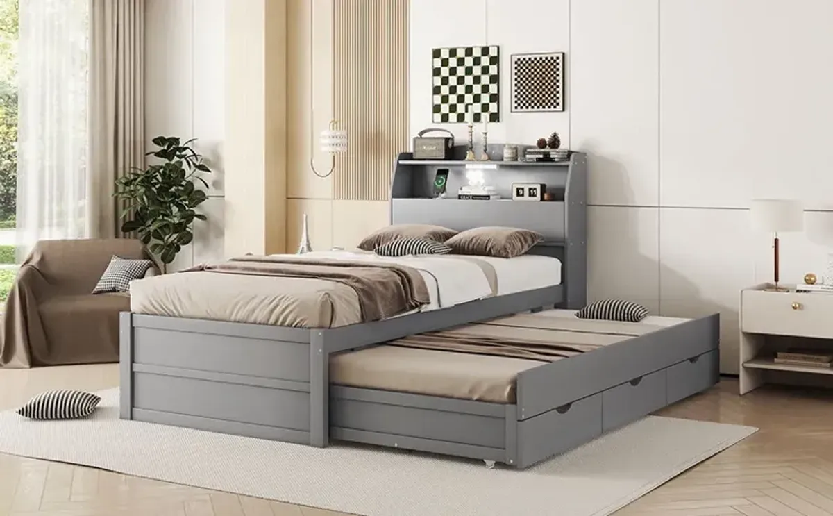 Wooden LED Platform Bed With Trundle, With Storage Headboard, With Drawers