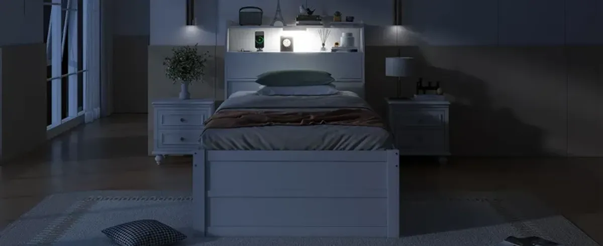 Wooden LED Platform Bed With Trundle, With Storage Headboard, With Drawers