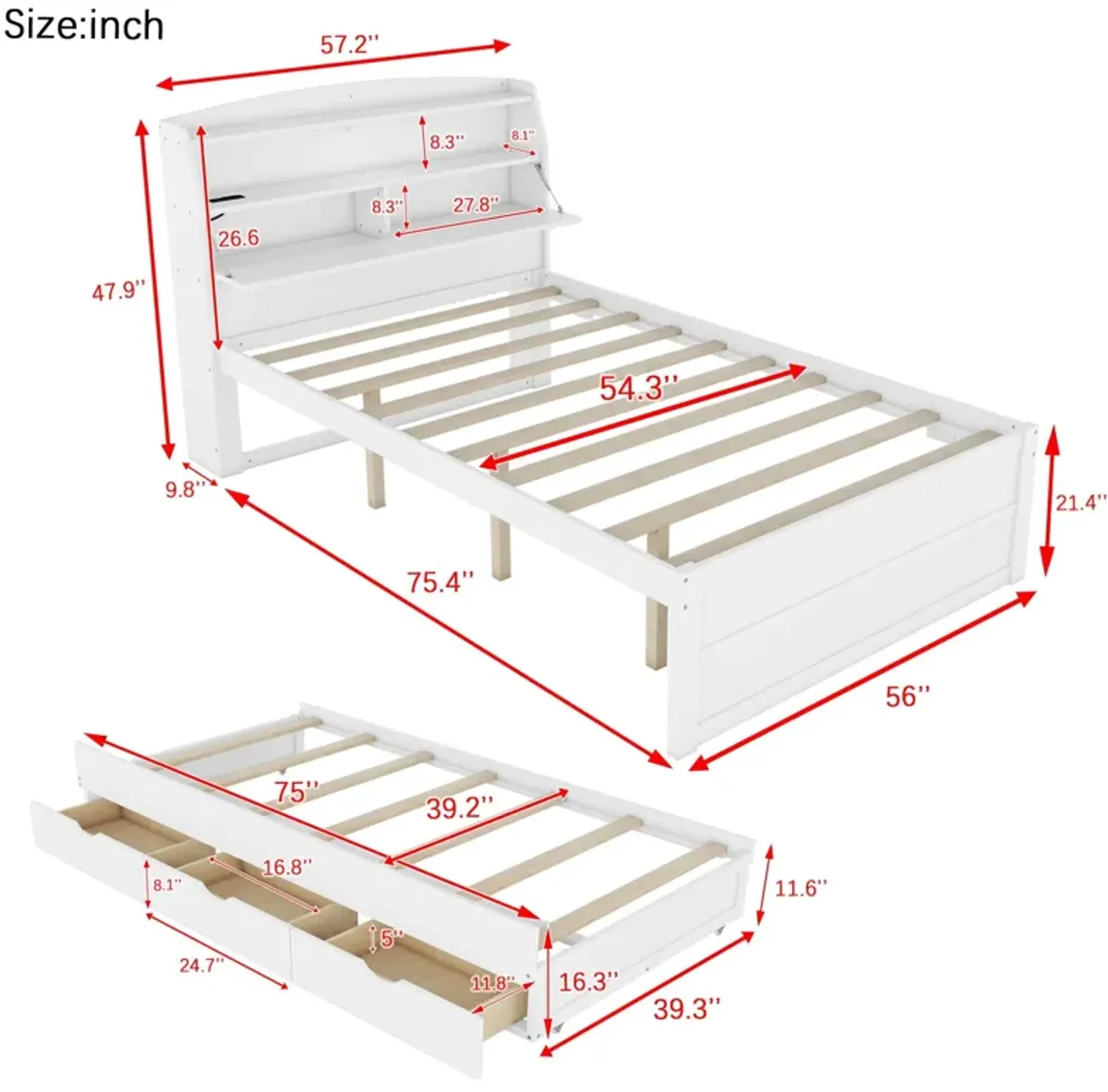 Wooden LED Platform Bed With Trundle, With Storage Headboard, With Drawers