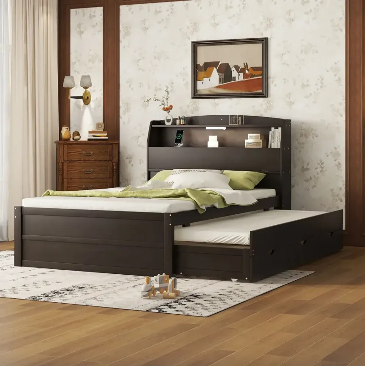 Wooden LED Platform Bed With Trundle, With Storage Headboard, With Drawers