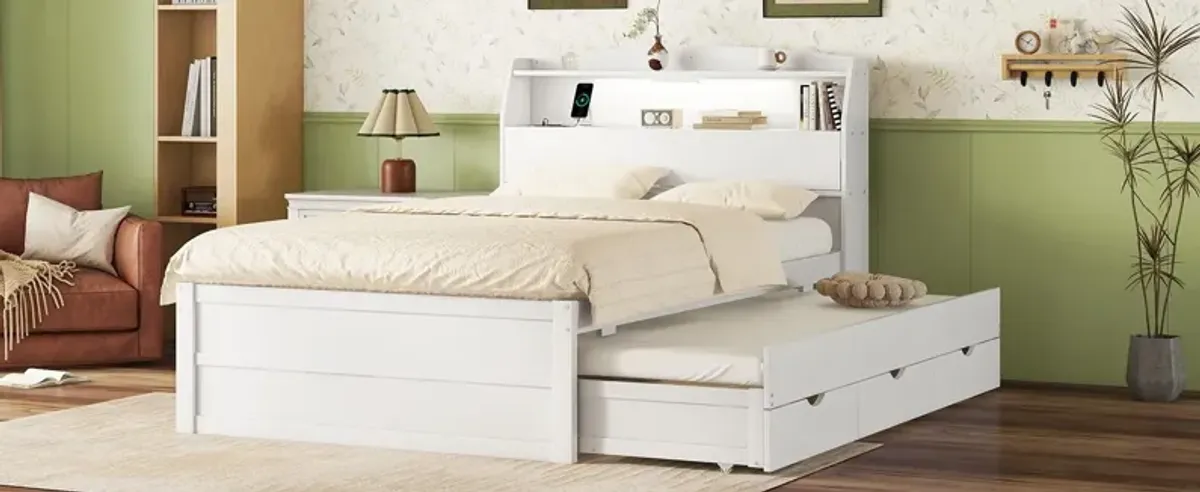 Wooden LED Platform Bed With Trundle, With Storage Headboard, With Drawers