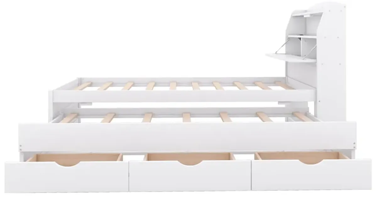 Wooden LED Platform Bed With Trundle, With Storage Headboard, With Drawers