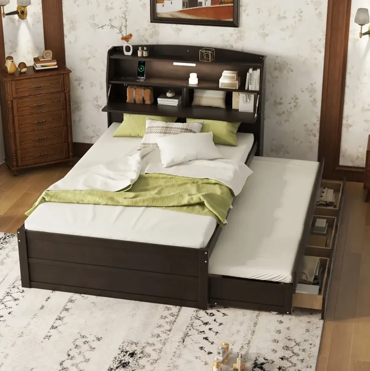 Wooden LED Platform Bed With Trundle, With Storage Headboard, With Drawers