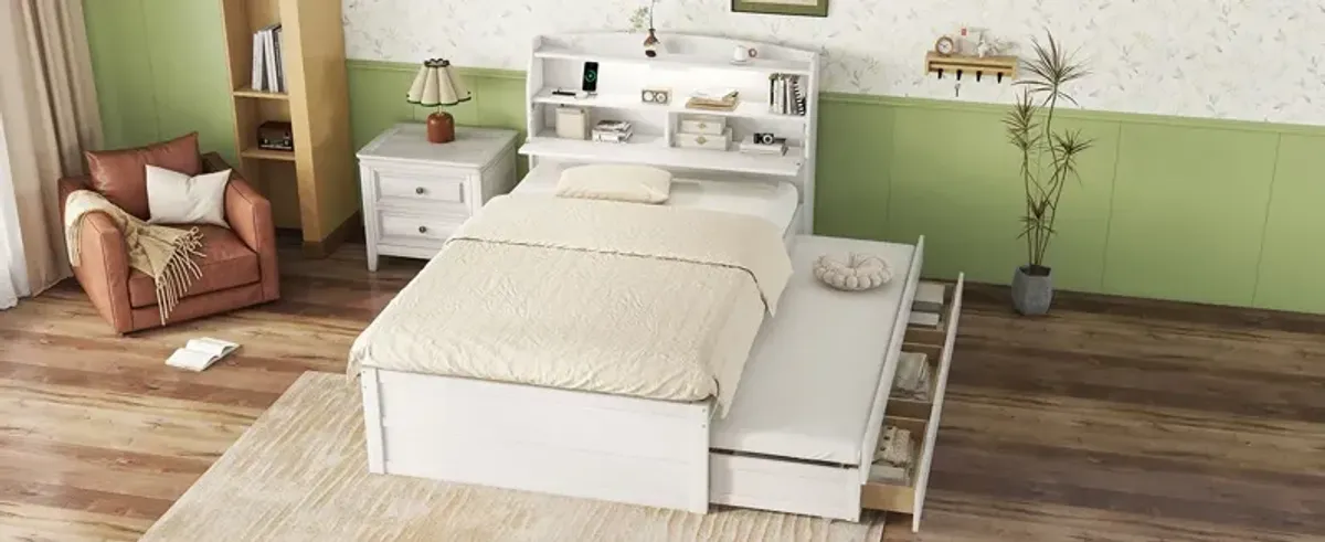 Wooden LED Platform Bed With Trundle, With Storage Headboard, With Drawers