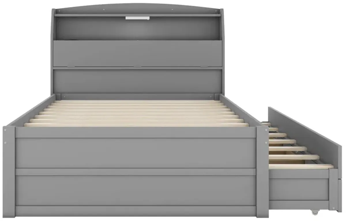 Wooden LED Platform Bed With Trundle, With Storage Headboard, With Drawers