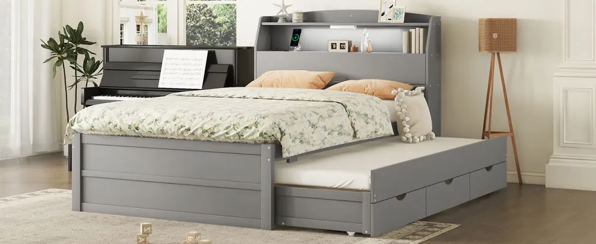 Wooden LED Platform Bed With Trundle, With Storage Headboard, With Drawers