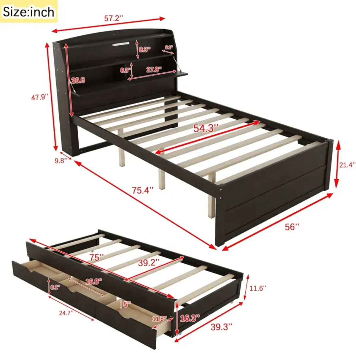 Wooden LED Platform Bed With Trundle, With Storage Headboard, With Drawers