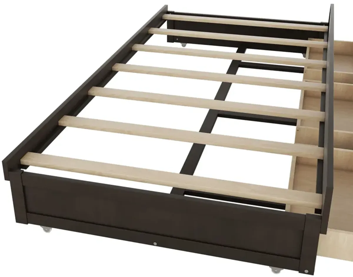 Wooden LED Platform Bed With Trundle, With Storage Headboard, With Drawers