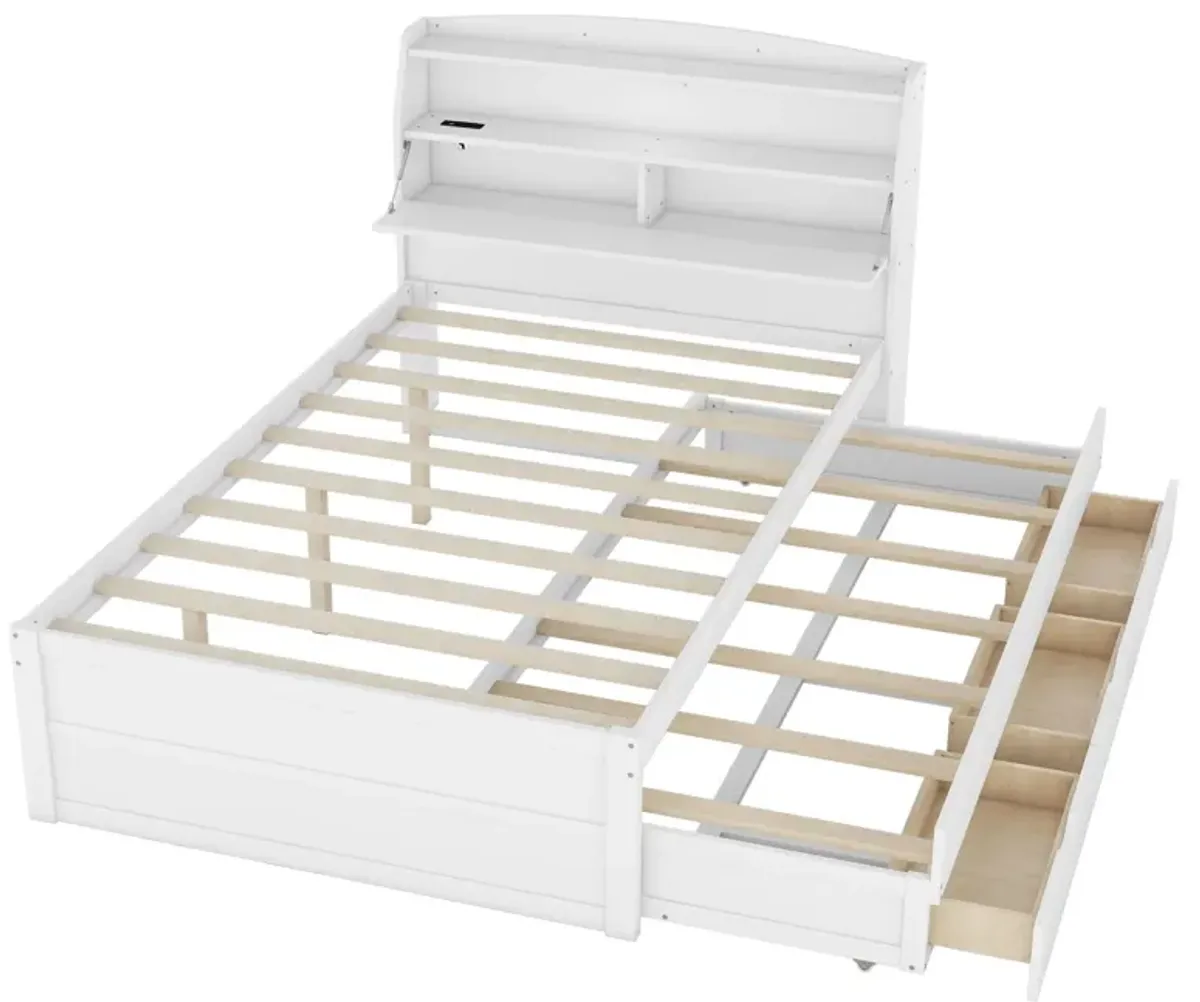 Wooden LED Platform Bed With Trundle, With Storage Headboard, With Drawers