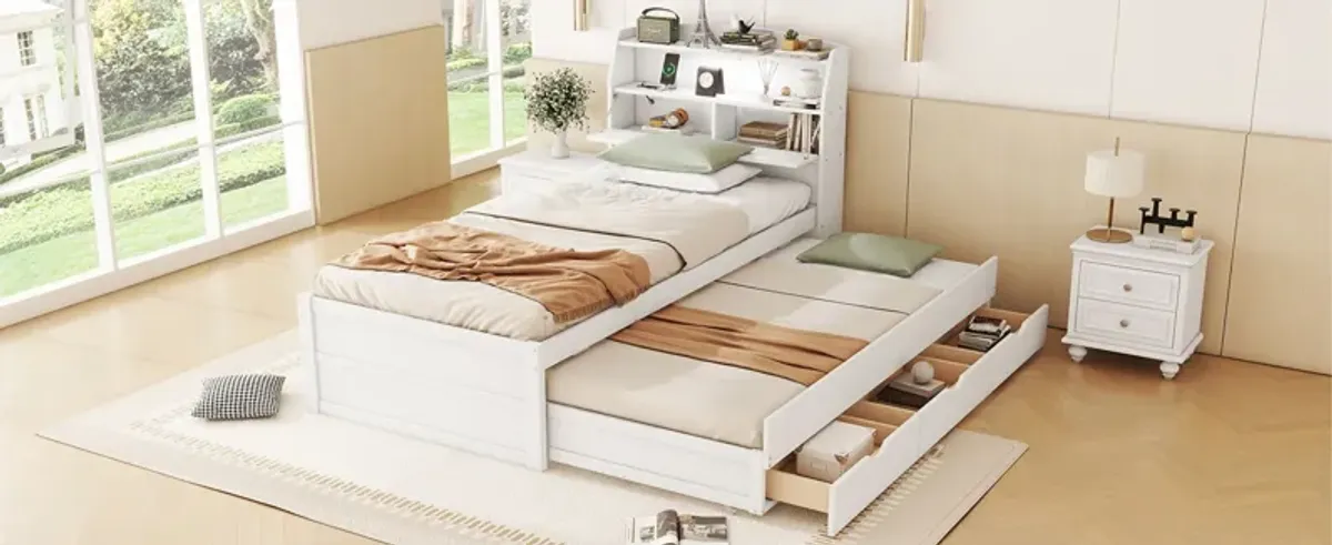 Wooden LED Platform Bed With Trundle, With Storage Headboard, With Drawers