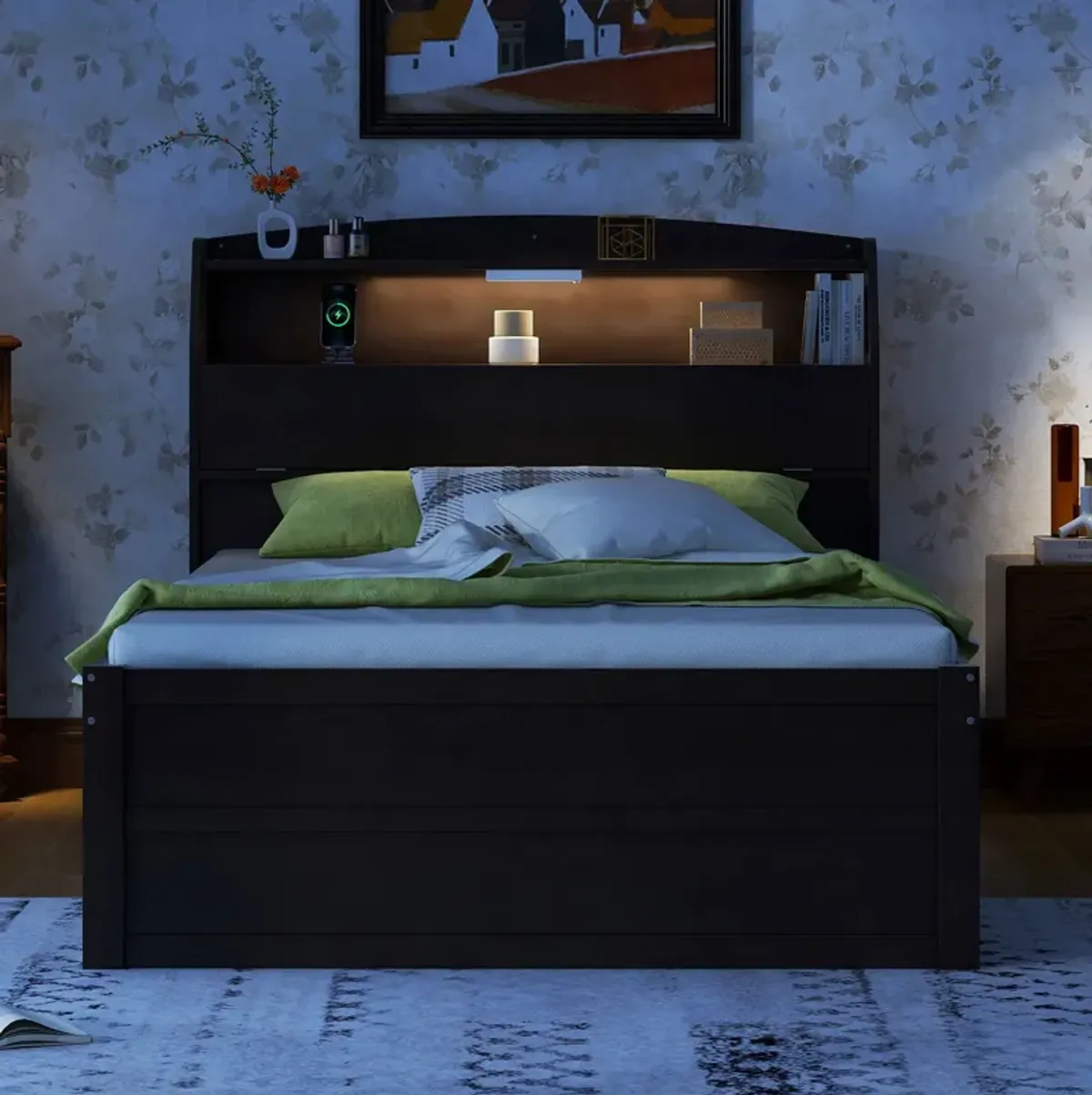 Wooden LED Platform Bed With Trundle, With Storage Headboard, With Drawers