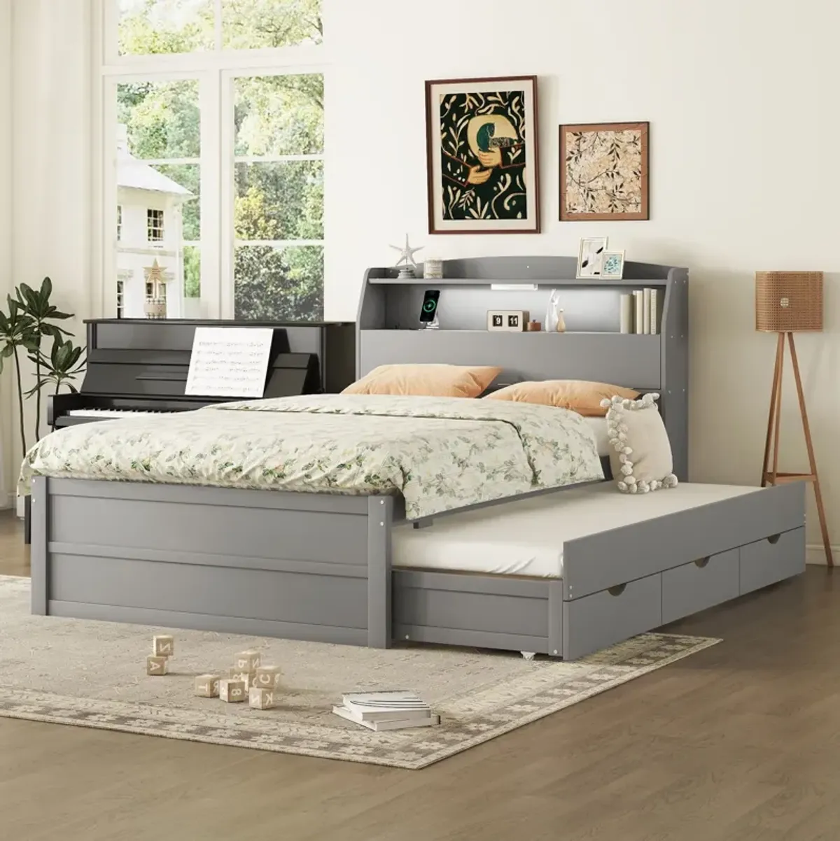 Wooden LED Platform Bed With Trundle, With Storage Headboard, With Drawers