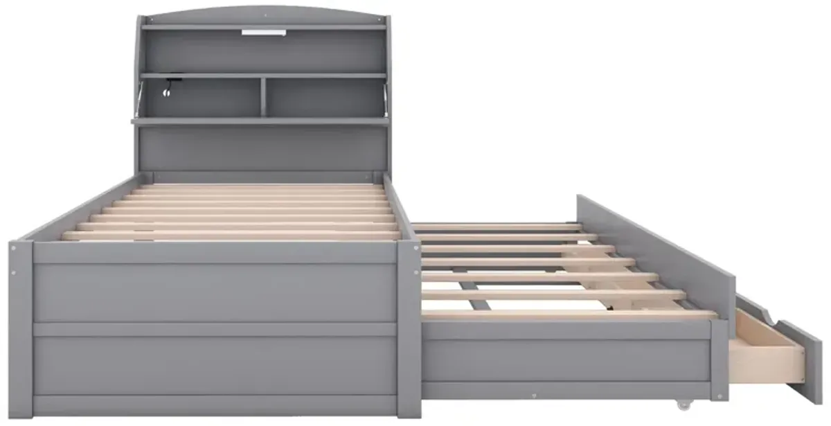 Wooden LED Platform Bed With Trundle, With Storage Headboard, With Drawers